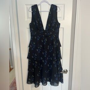 AMUR Blue Fit and Flare Plunge Midi Dress